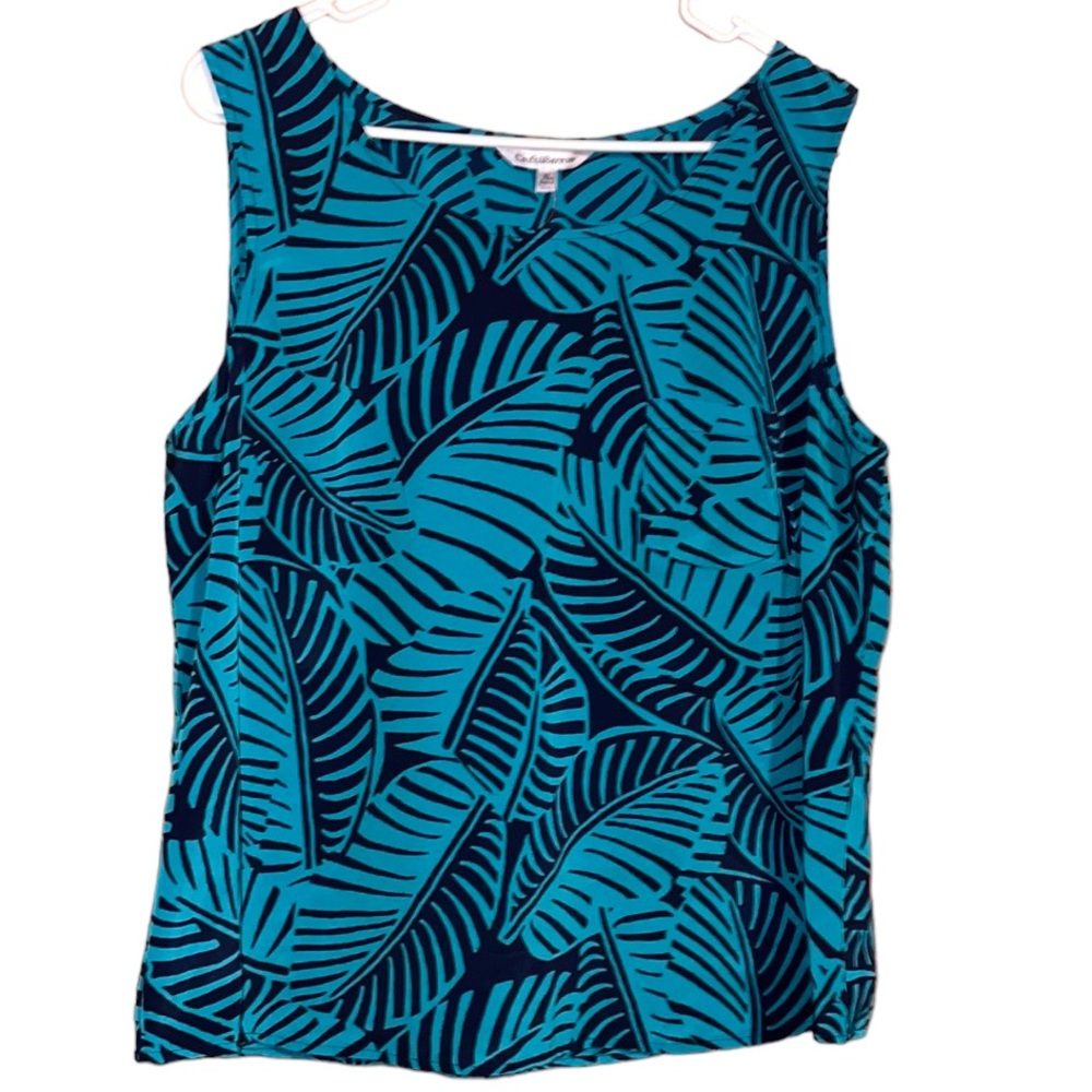 •CROFT & BARROW•TURQUOISE & NAVY TROPICAL LEAF TANK TOP BLOUSE SIZE XL